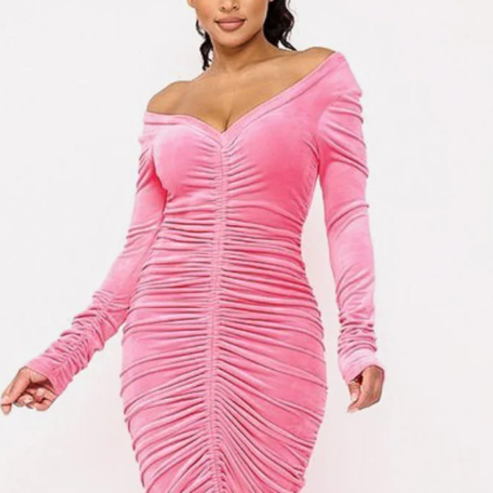 Akira Pink Barbie Velour Drawstring Ruched Bodycon Dress